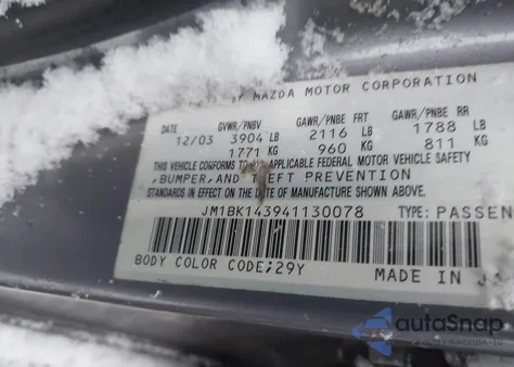 2004 Mazda Mazda3 S from USA, damaged, VIN JM1BK143941130078